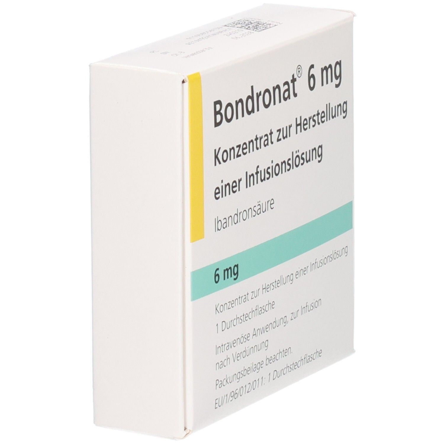Weiße Schachtel mit gelbem Streifen. Aufschrift: Bondronat 6 mg, Konzentrat zur Herstellung einer Infusionslösung. Schräge Ansicht.