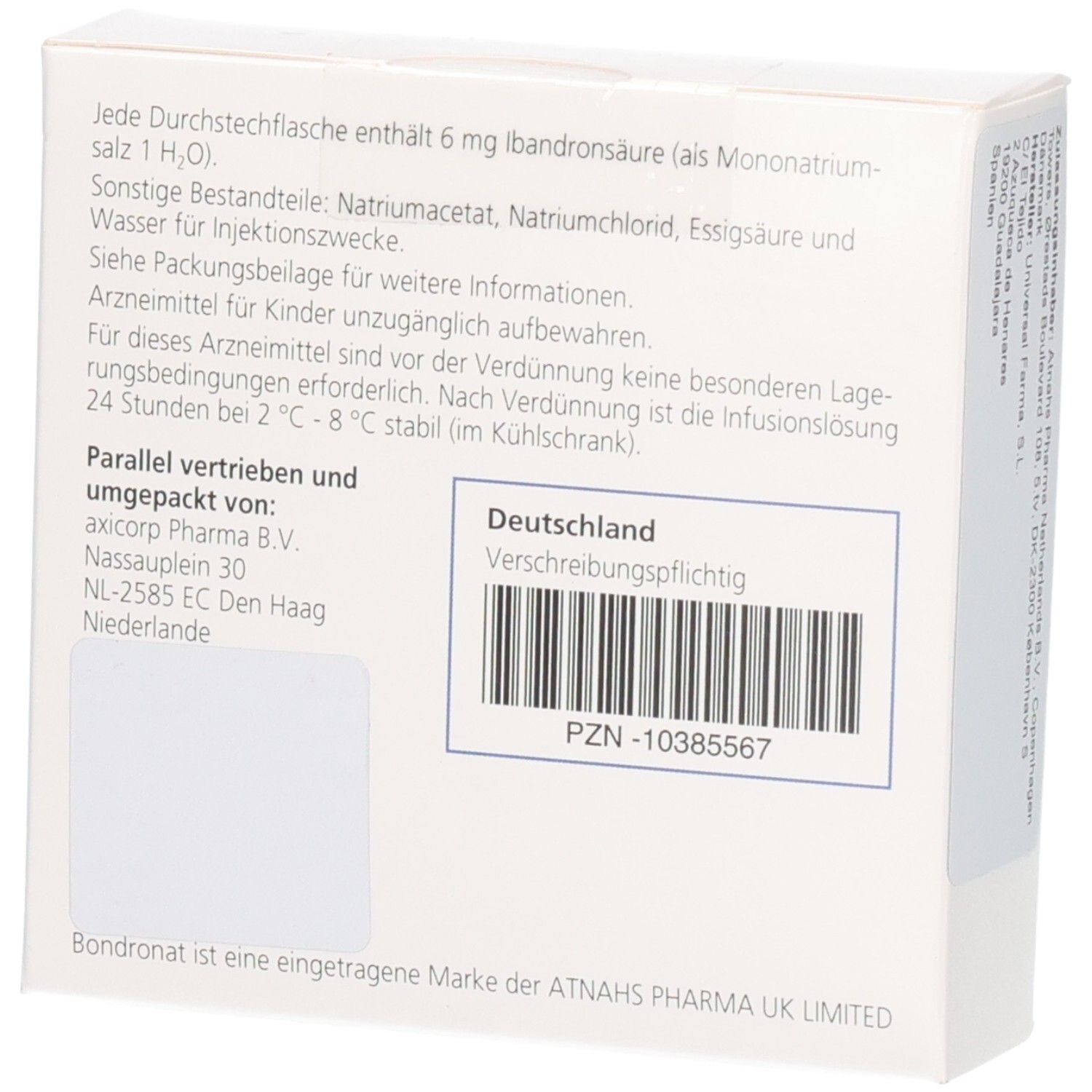 Rückseite der weißen Schachtel. Text: Enthält 6 mg Ibandronsäure. Barcode und PZN-Nummer. Text in Deutsch.