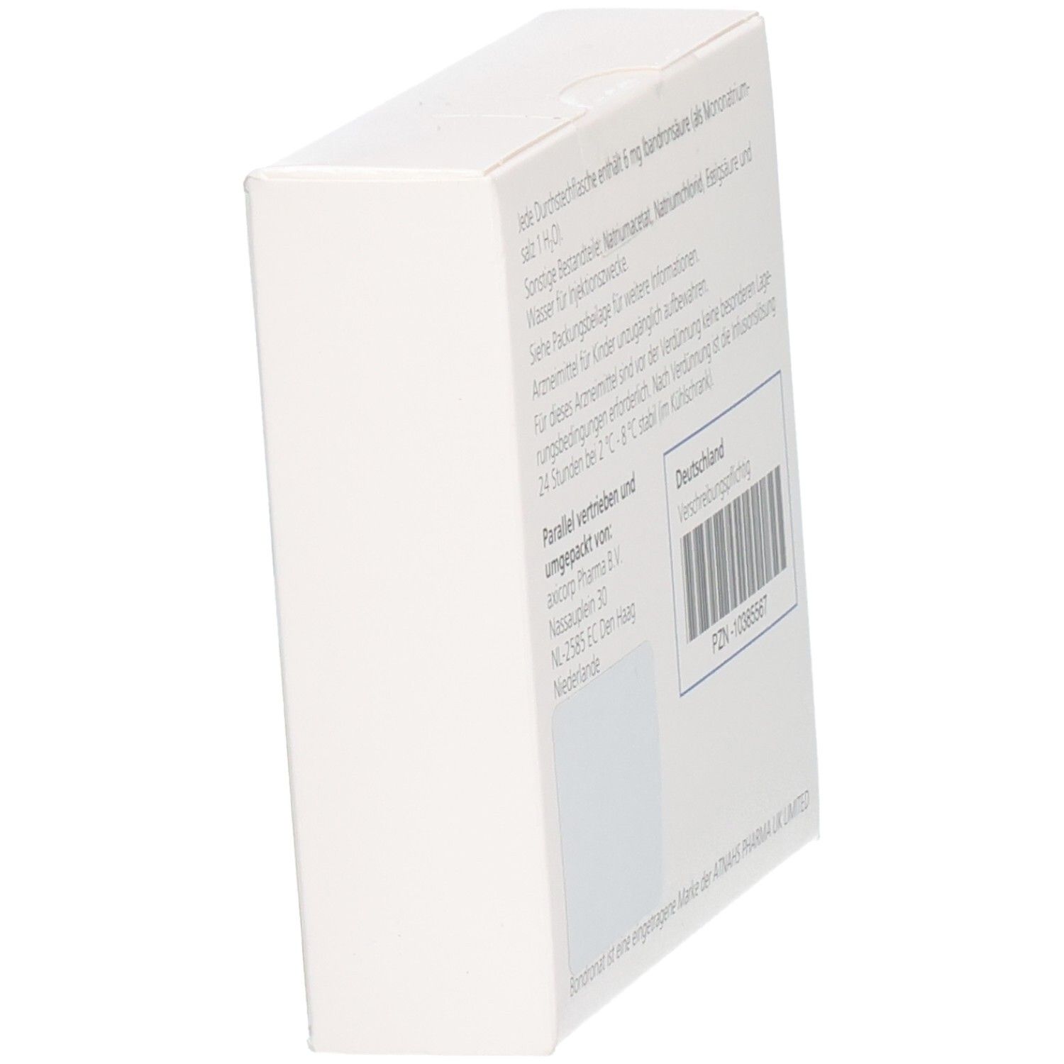 Schräge Ansicht der weißen Schachtel. Rückseite mit Text und Barcode. Text in Deutsch.