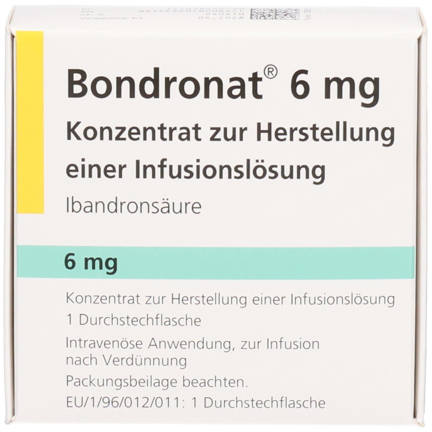 Weiße Schachtel mit gelbem Streifen. Aufschrift: Bondronat 6 mg, Konzentrat zur Herstellung einer Infusionslösung. Frontansicht.