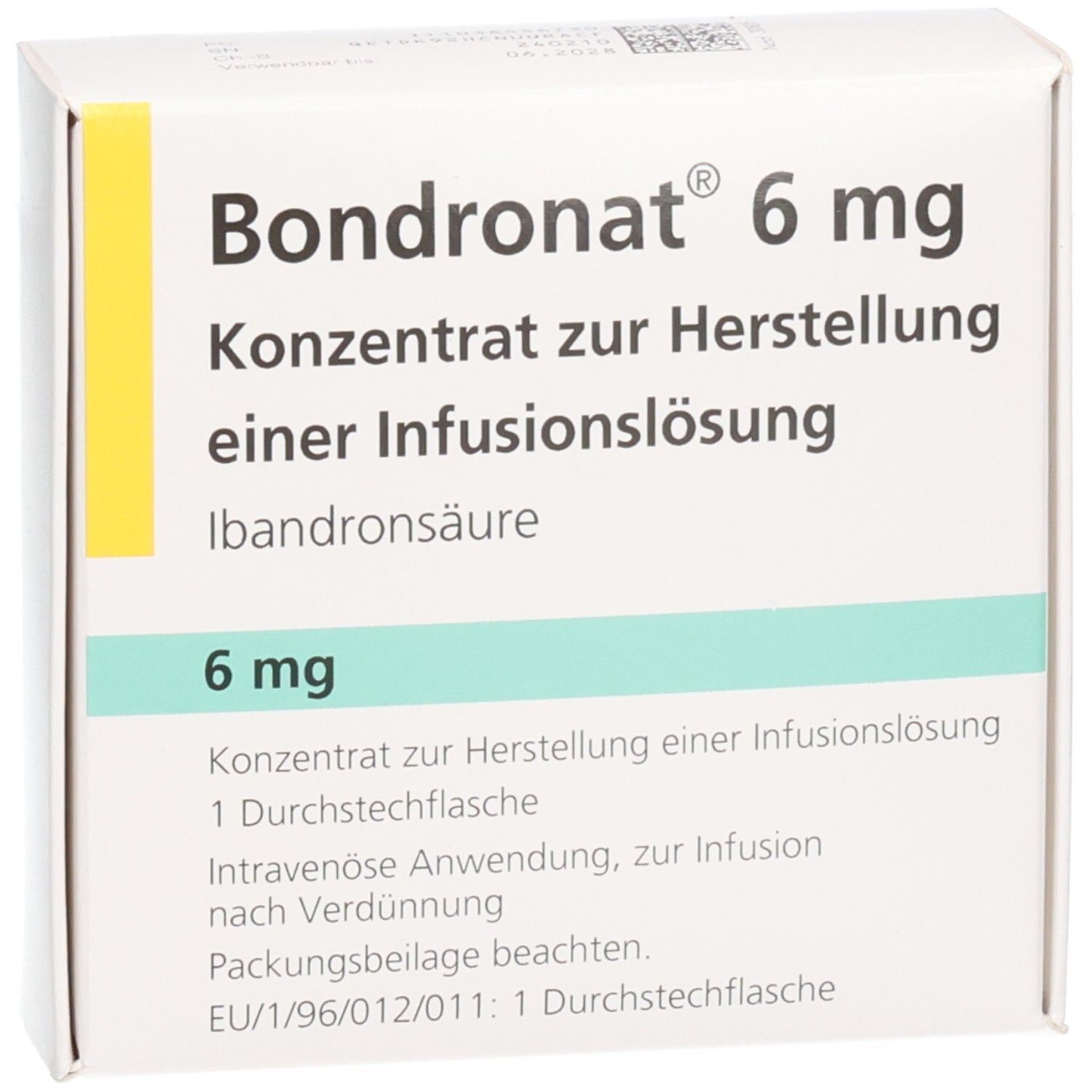 Weiße Schachtel mit gelbem Streifen. Aufschrift: Bondronat 6 mg, Konzentrat zur Herstellung einer Infusionslösung. Frontansicht.