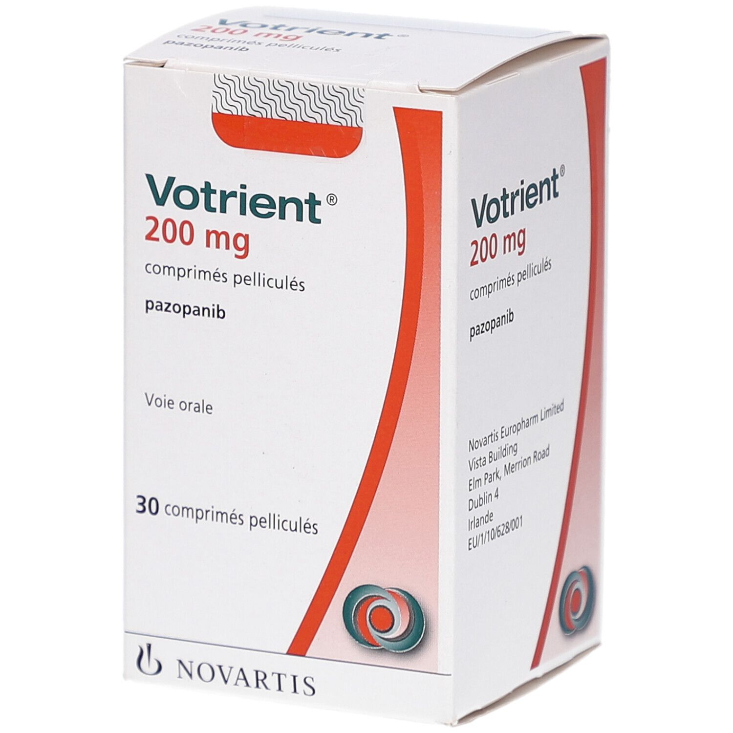 Votriant 200 mg Filmtabletten-Packung. Enthält 30 Tabletten. Aufschrift: pazopanib, Voie orale, Novartis Logo.