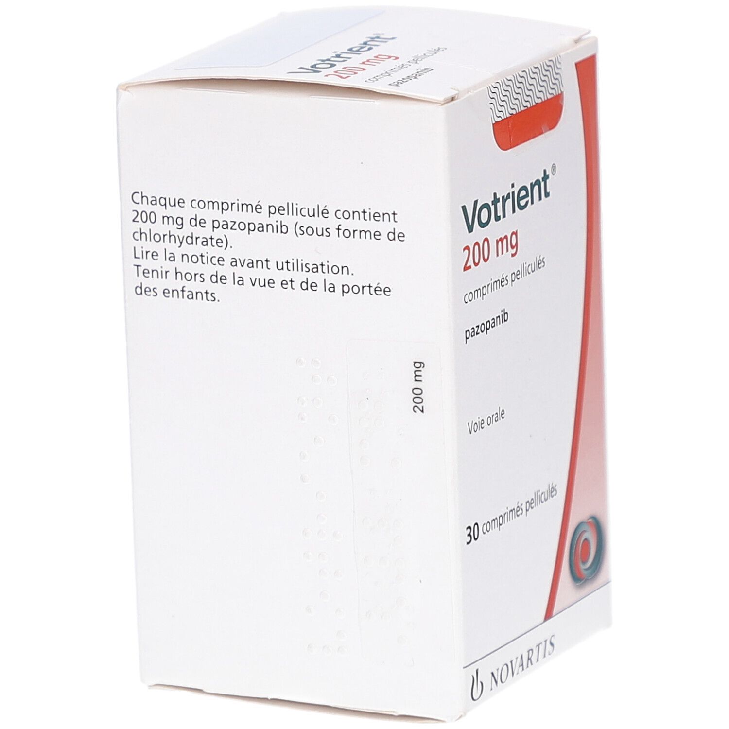 Votriant 200 mg Filmtabletten-Packung. Text: 200 mg, pazopanib, Voie orale, 30 comp. pellic., Novartis Logo.