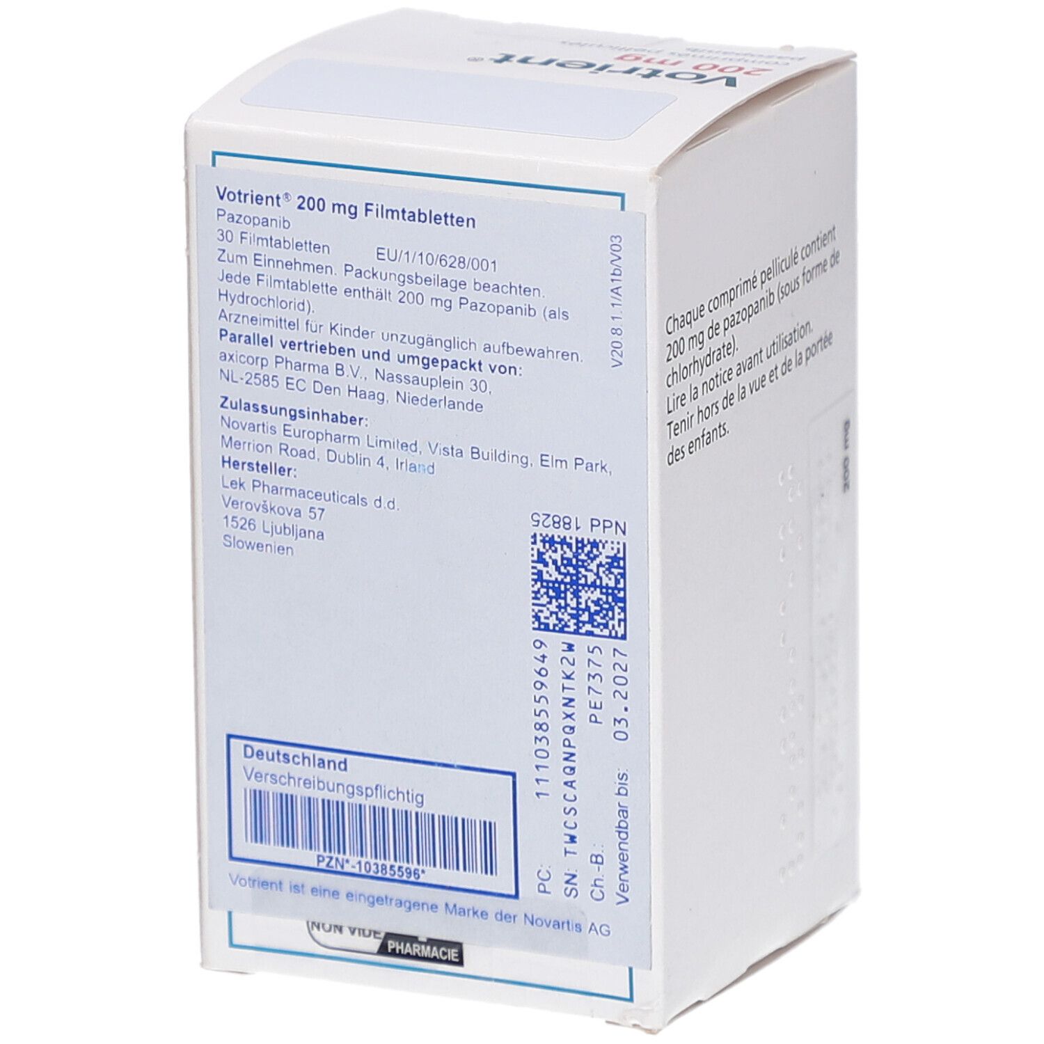 Rückseite der Votriant 200 mg Filmtabletten-Packung. Enthält Informationen und Barcode. Text: Deutschland, verschreibungspflichtig.