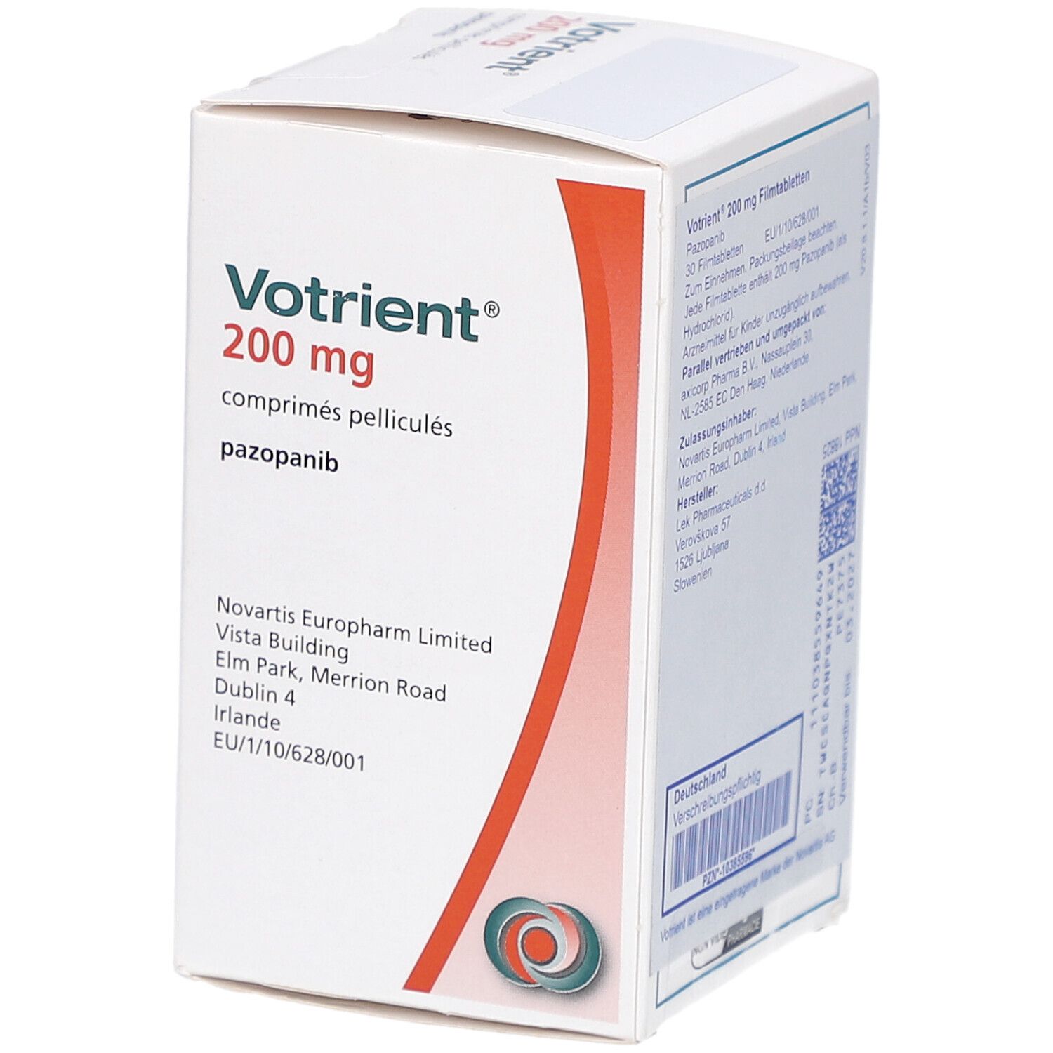 Votriant 200 mg Filmtabletten-Packung. Enthält 30 Tabletten. Aufschrift: pazopanib, Voie orale, Novartis Logo.
