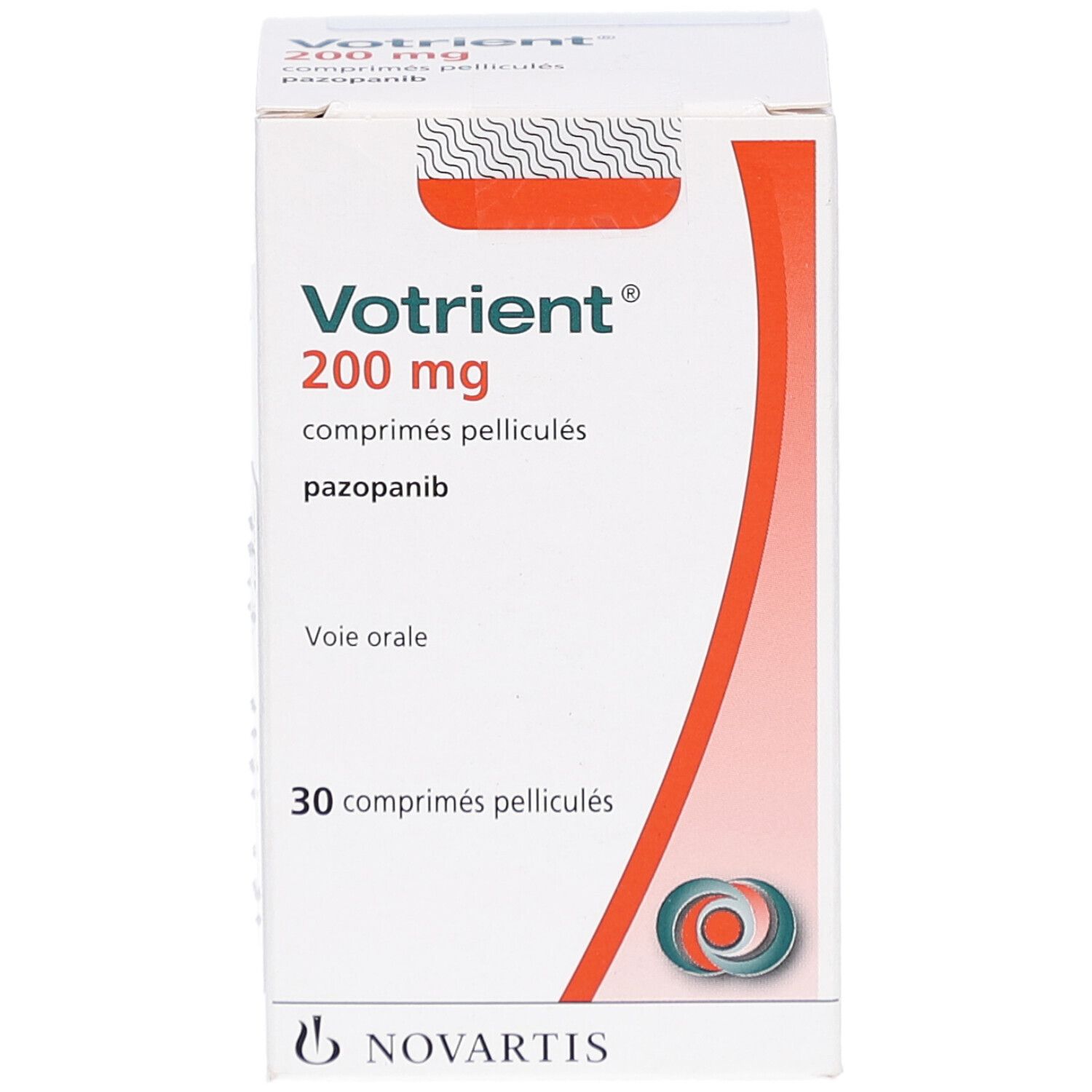 Vorderseite der Votriant 200 mg Filmtabletten-Packung. Aufschrift: pazopanib, Voie orale, 30 comp. pellic., Novartis Logo.