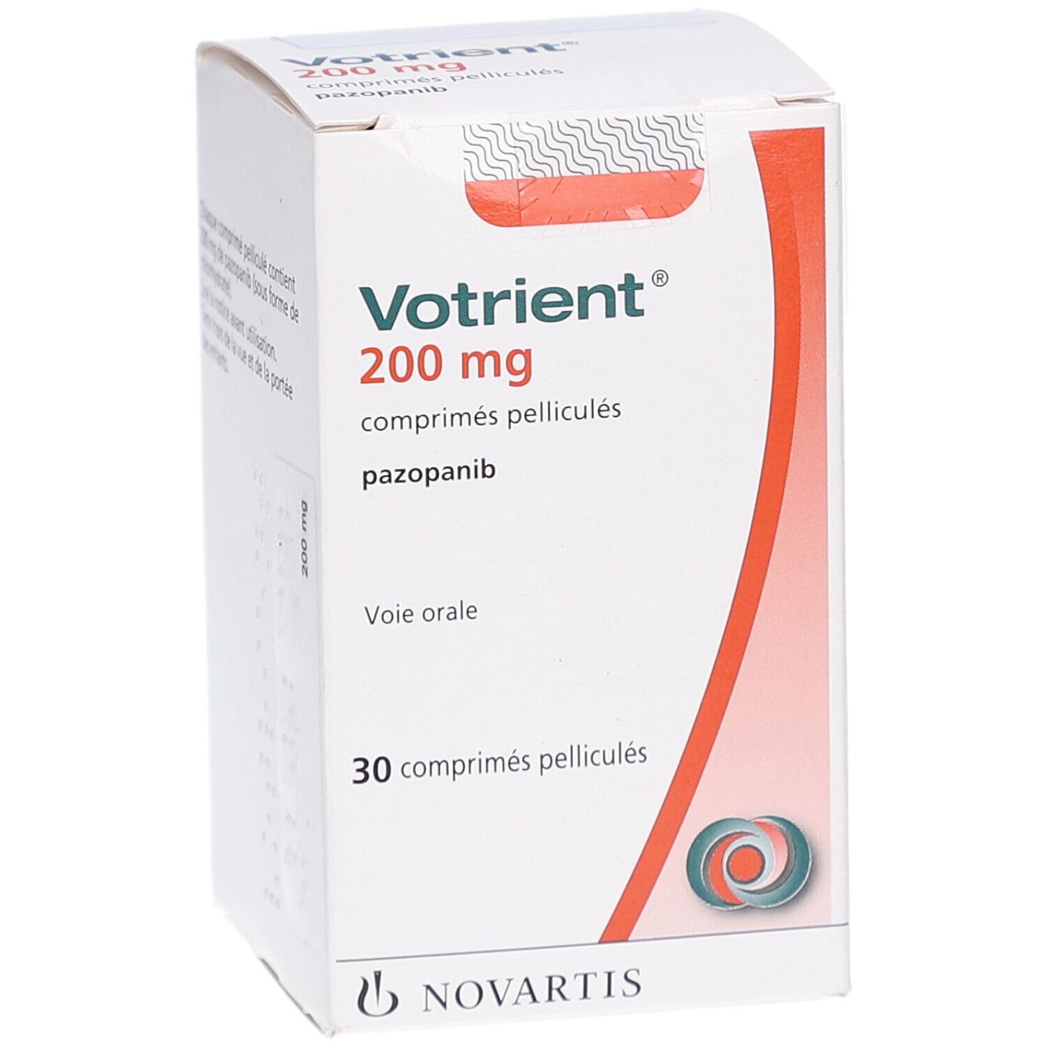 Vorderseite der Votriant 200 mg Filmtabletten-Packung. Aufschrift: pazopanib, Voie orale, 30 comp. pellic., Novartis Logo.