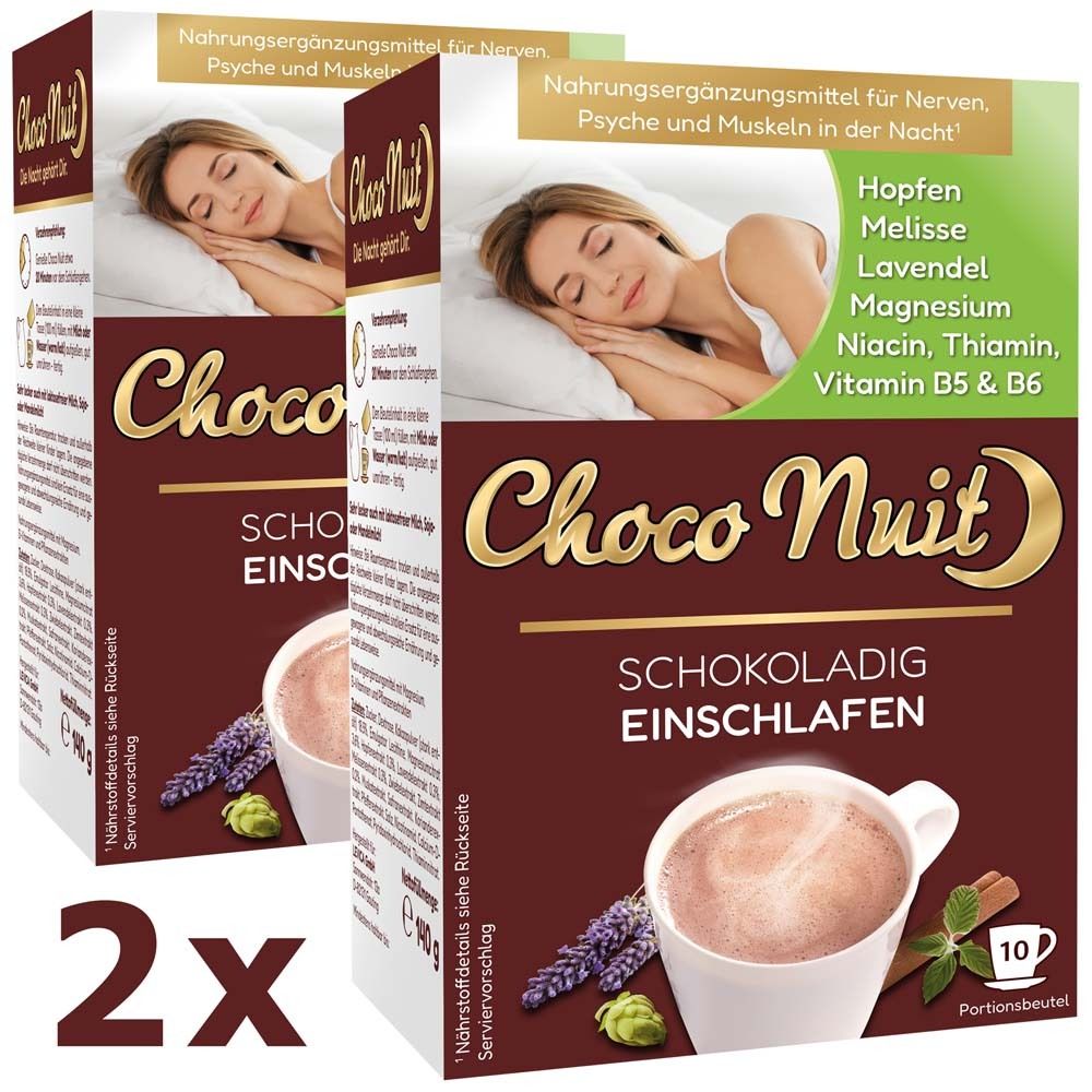 Zwei Packungen Choco Nuit. Aufdruck: Schokoladig einschlafen. Abgebildet: Frau schläft. Zutaten: Hopfen, Melisse, Lavendel, Magnesium, Vitamine.