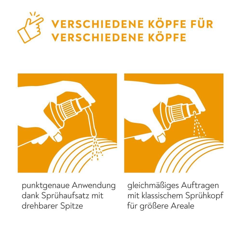 Abbildungen von Sprühköpfen. Punktgenaue Anwendung mit drehbarer Spitze. Gleichmäßiges Auftragen mit klassischem Kopf.