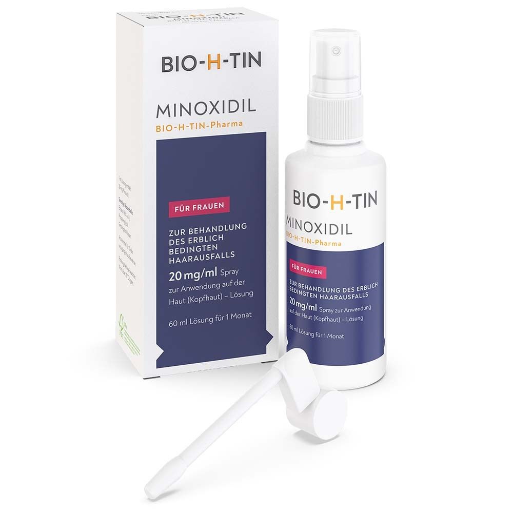 BIO-H-TIN® 20 mg/ml Spray und Verpackung. Mit Sprühaufsatz. Für Frauen. Enthält Minoxidil. 60 ml Lösung.