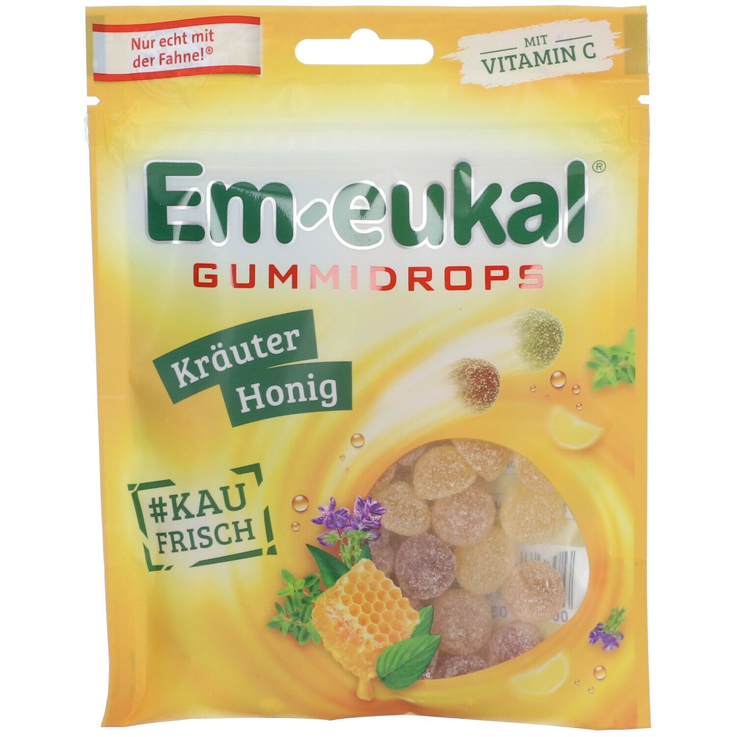 Beutel Em-eukal Gummidrops Kräuter-Honig. Sichtfenster mit Gummibärchen. Gelbe Verpackung mit Schriftzug und Illustrationen.