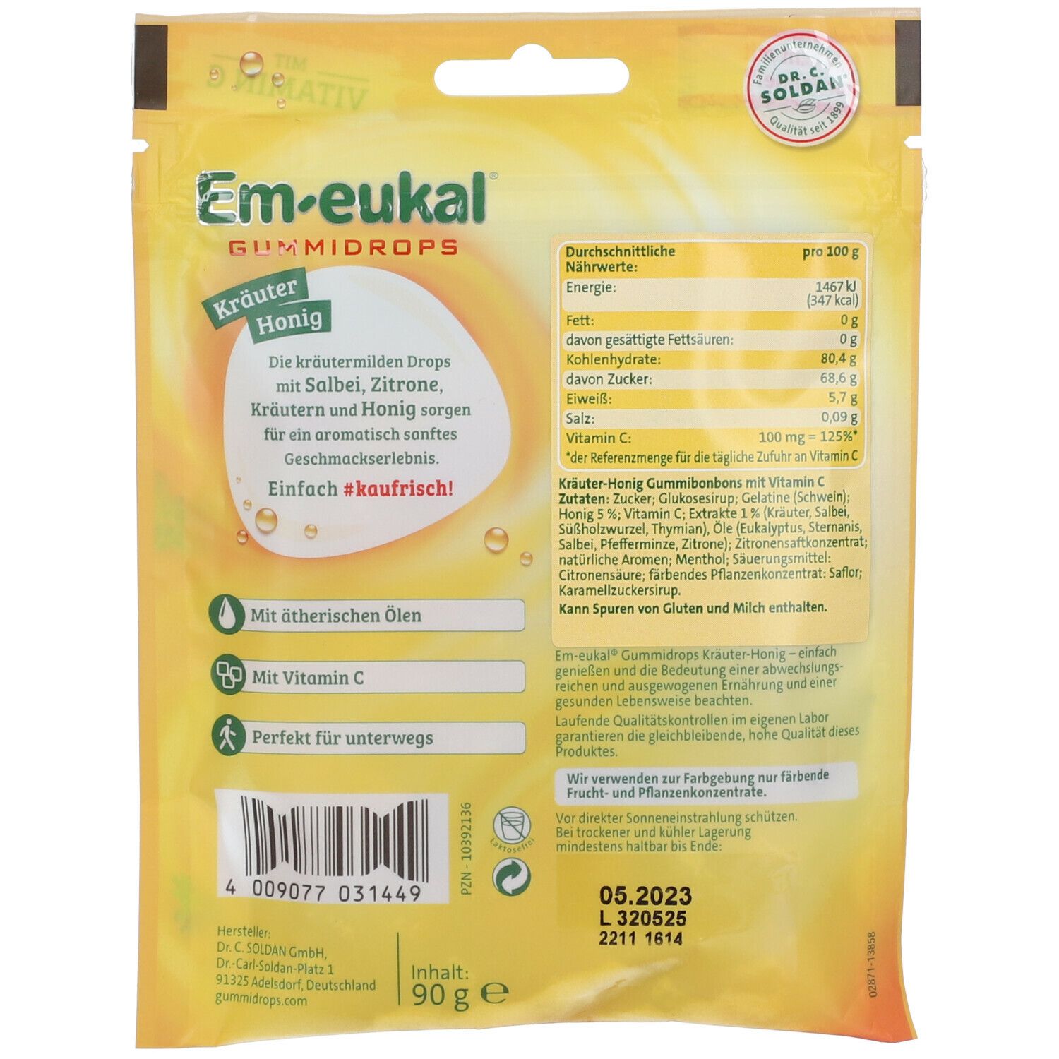 Rückseite der Verpackung Em-eukal Gummidrops Kräuter-Honig. Text, Nährwertangaben, Zutatenliste und Haltbarkeitsdatum.
