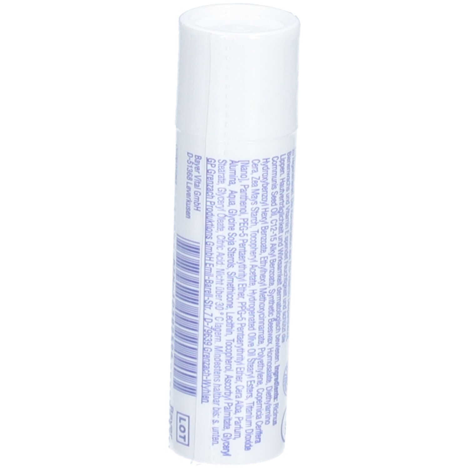 Rückseite Bepanthol Lipstick mit Inhaltsstoffangaben und Herstellerinformationen.