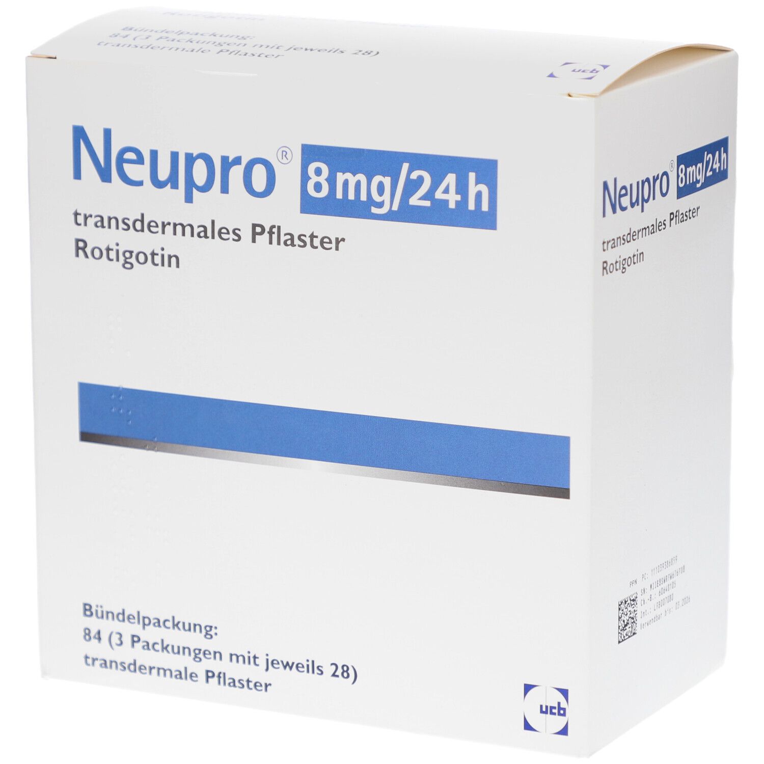 Weiße Kartonverpackung. Aufschrift: Neupro 8mg/24h, transdermales Pflaster, Rotigotin. UCB-Logo. Bündelpackung mit 84 Pflastern.