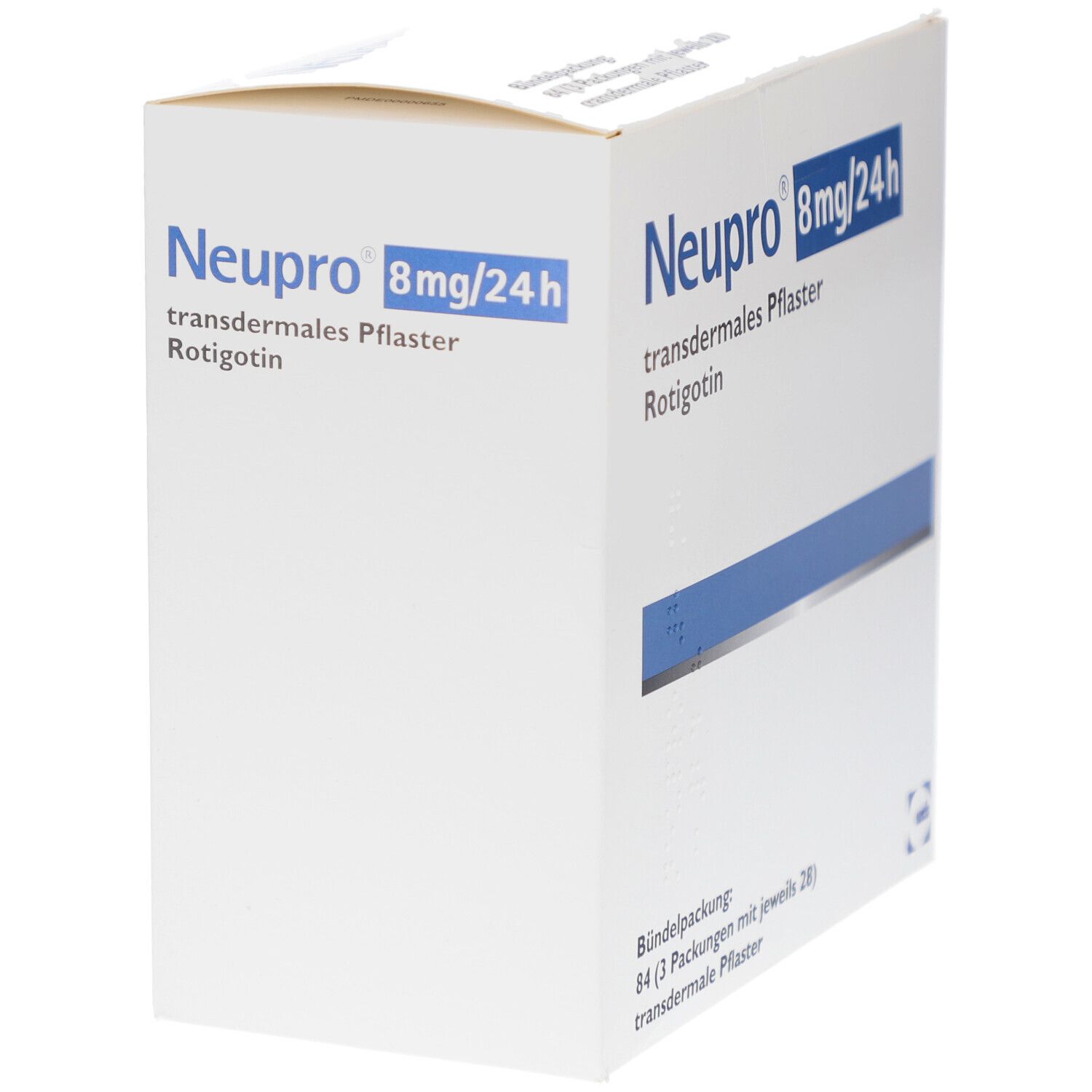 Weiße Kartonverpackung. Aufschrift: Neupro 8mg/24h, transdermales Pflaster, Rotigotin. UCB-Logo. Bündelpackung mit 84 Pflastern.