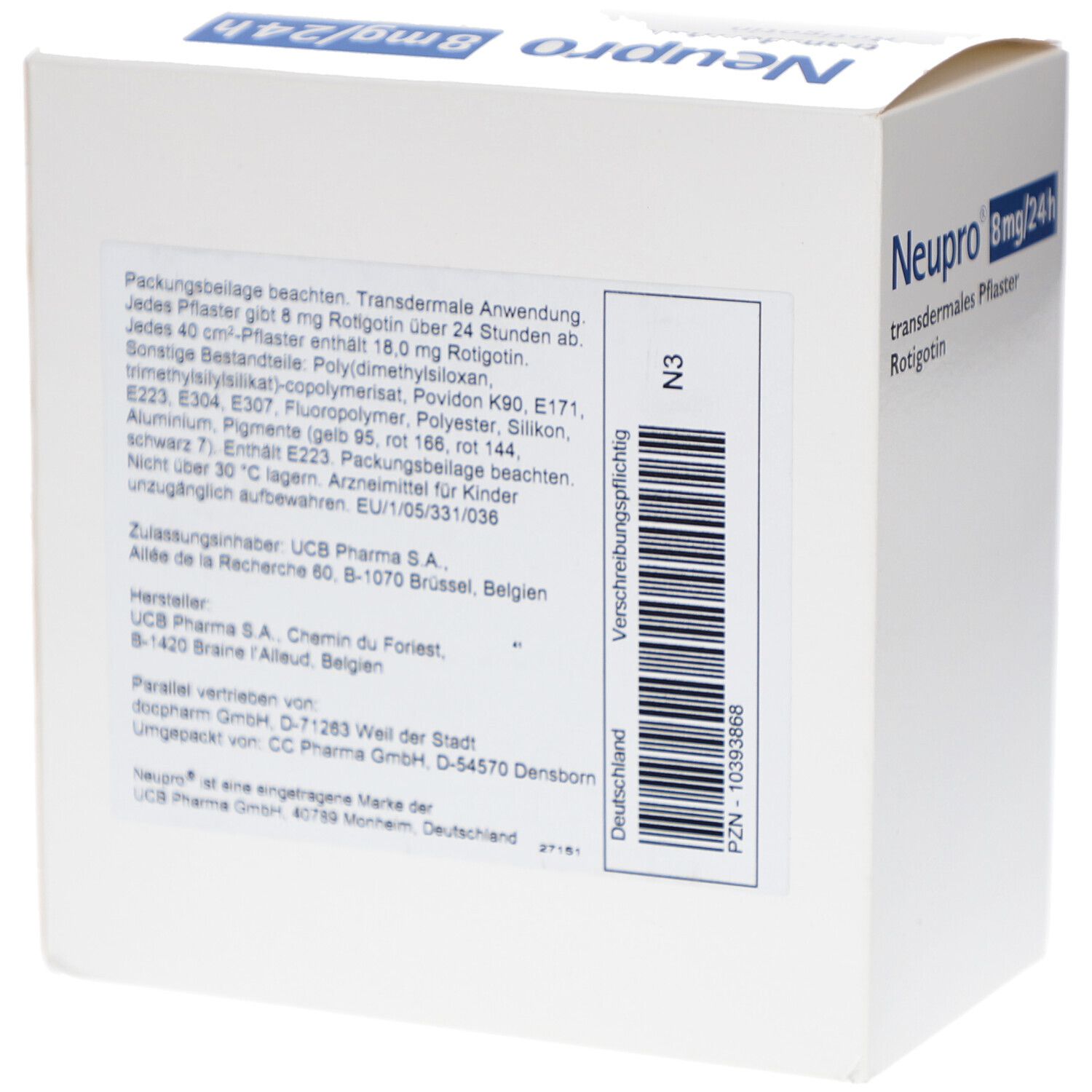 Weiße Kartonverpackung. Rückseite mit Text und Barcode. Aufschrift: Neupro 8mg/24h, transdermales Pflaster, Rotigotin. UCB-Logo.