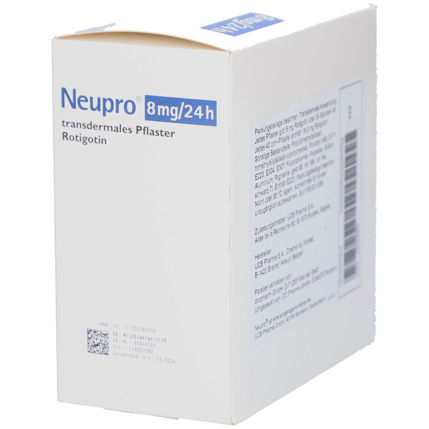 Weiße Kartonverpackung. Aufschrift: Neupro 8mg/24h, transdermales Pflaster, Rotigotin. UCB-Logo. Bündelpackung mit 84 Pflastern.