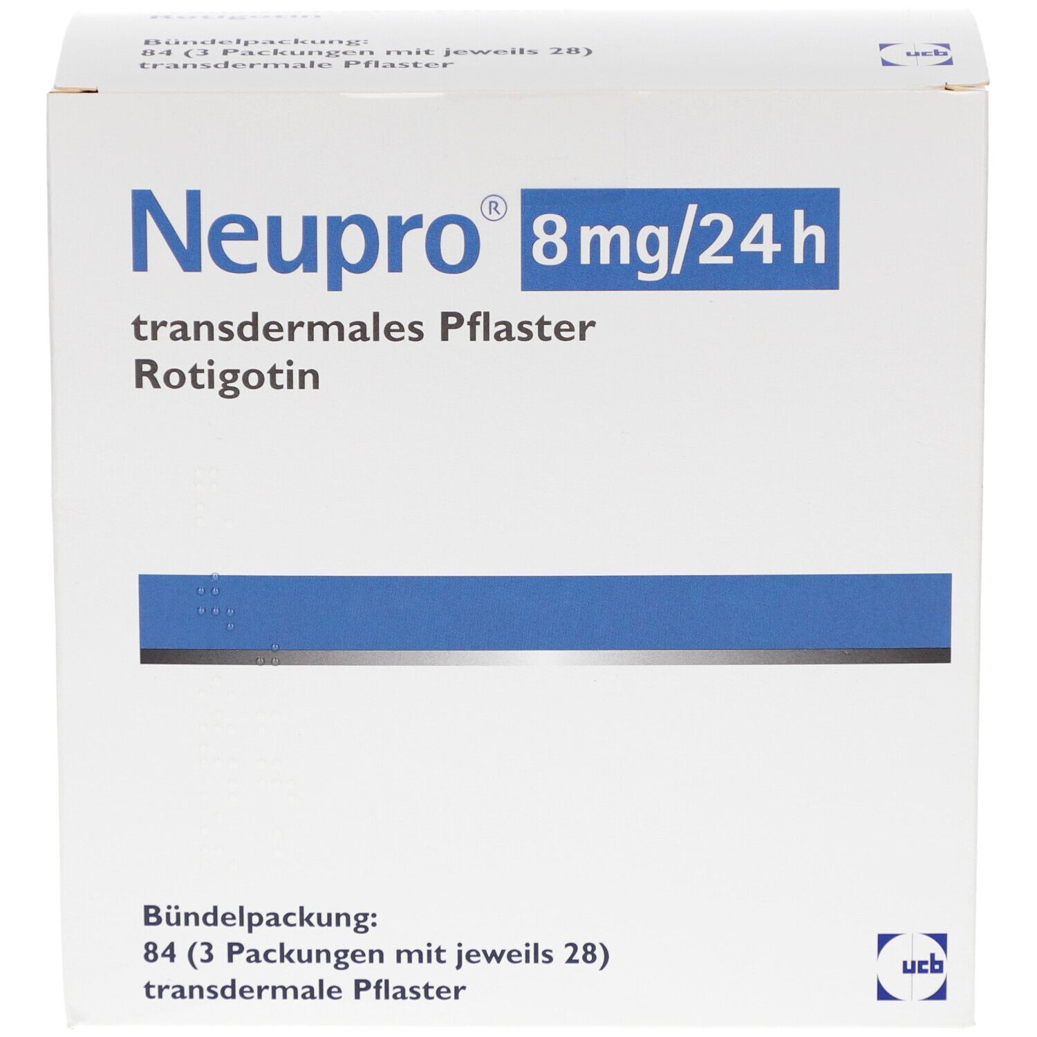 Weiße Kartonverpackung. Aufschrift: Neupro 8mg/24h, transdermales Pflaster, Rotigotin. UCB-Logo. Bündelpackung mit 84 Pflastern.