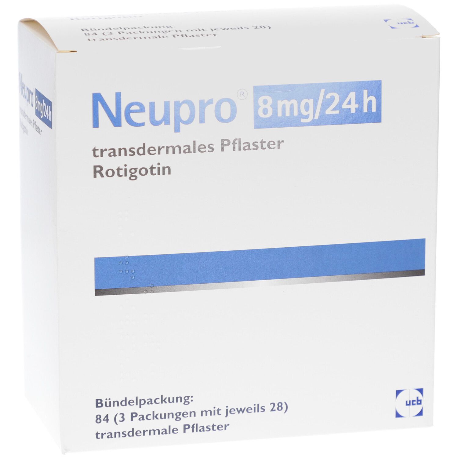 Weiße Kartonverpackung. Aufschrift: Neupro 8mg/24h, transdermales Pflaster, Rotigotin. UCB-Logo. Bündelpackung mit 84 Pflastern.