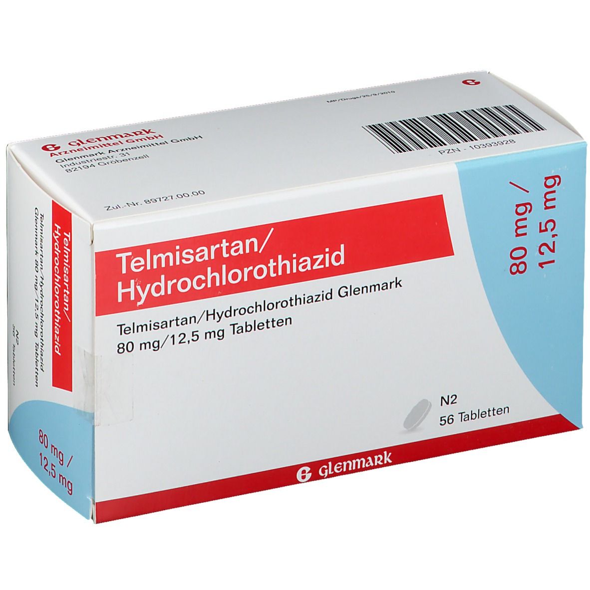 Verpackung von Telmisartan/Hydrochlorothiazid Glenmark. Rote und weiße Schachtel mit Produktnamen und Dosierung.