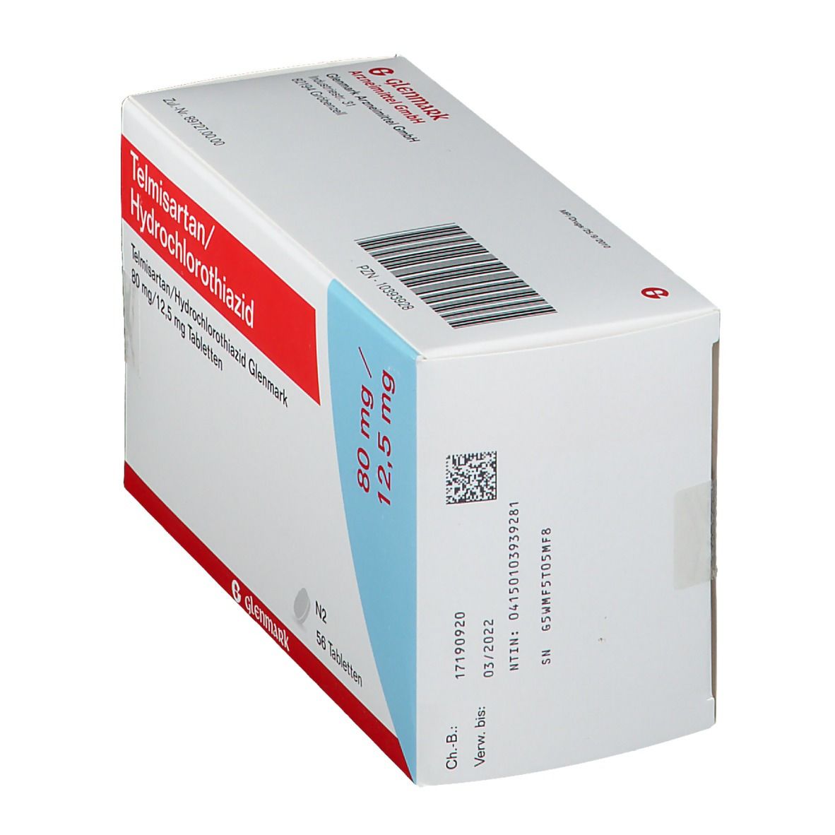 Schachtel von Telmisartan/Hydrochlorothiazid Glenmark. Seitenansicht mit Produktinformationen und Barcode.