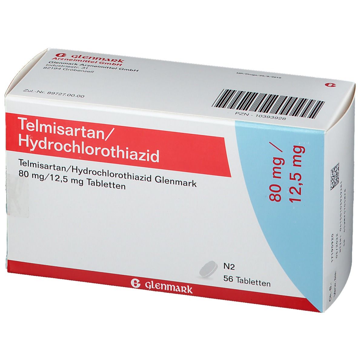 Verpackung von Telmisartan/Hydrochlorothiazid Glenmark. Rote und weiße Schachtel mit Produktnamen und Dosierung.