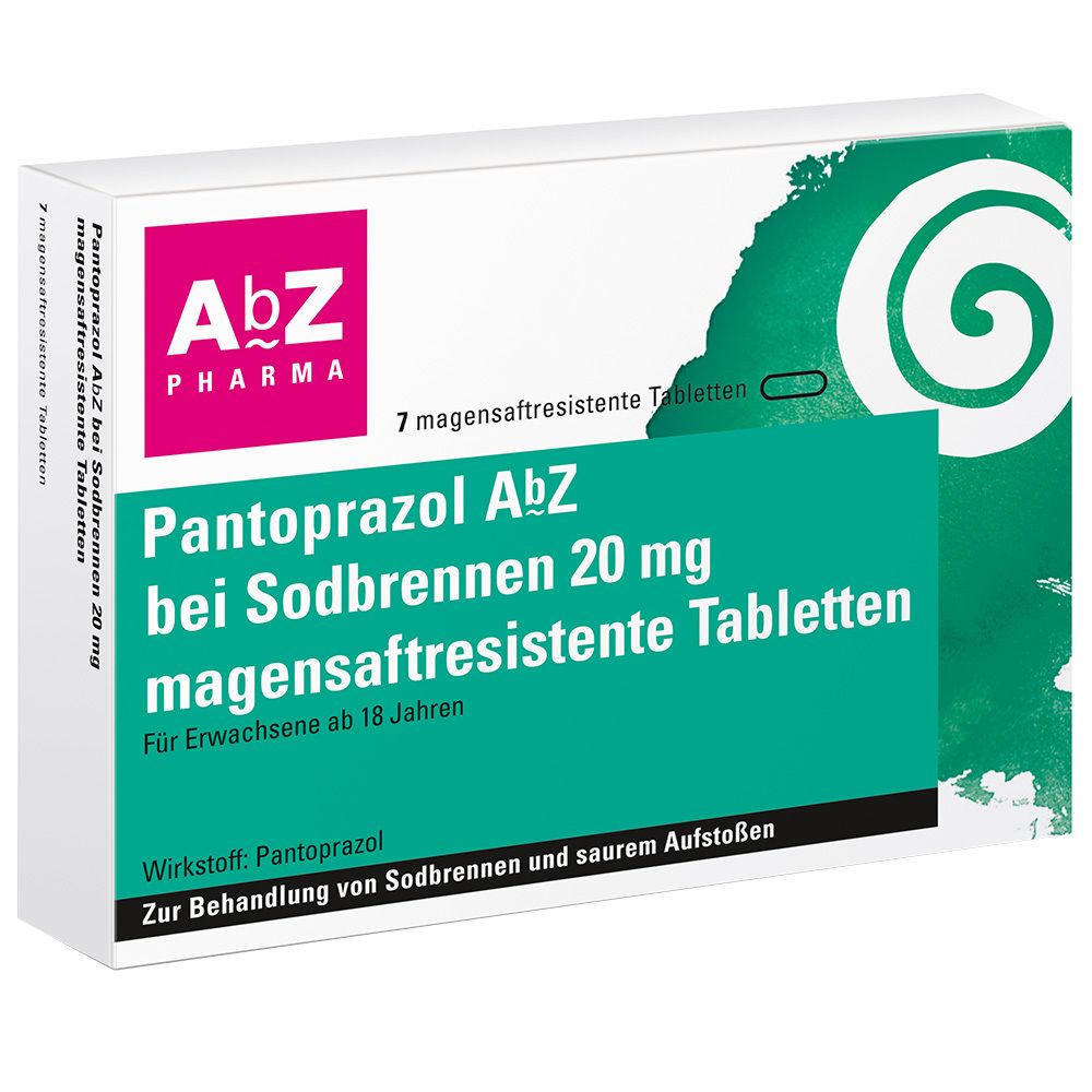 Verpackung von Pantoprazol AbZ bei Sodbrennen 20 mg. 7 magensaftresistente Tabletten. AbZ Pharma Logo. Für Erwachsene ab 18 Jahren.