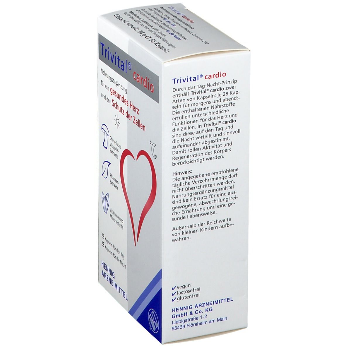 Seitenansicht der Trivital® cardio-Verpackung. Text: Tag-Nacht-Prinzip, 28 Kapseln für Tag/Nacht. Vegan, laktosefrei, glutenfrei. Hennig Arzneimittel GmbH & Co. KG.