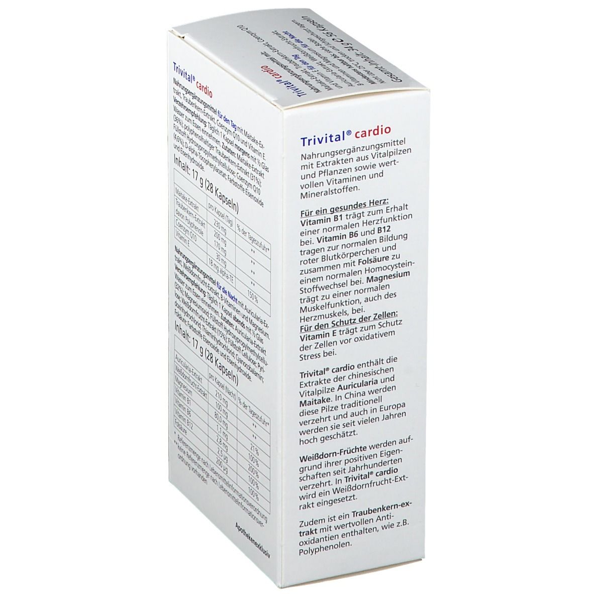 Trivital® cardio-Verpackung, Seitenansicht. Text: Nahrungsergänzungsmittel mit Extrakten aus Vitalpilzen und Pflanzen. Inhaltsstoffe, Dosierung. Hennig Arzneimittel.