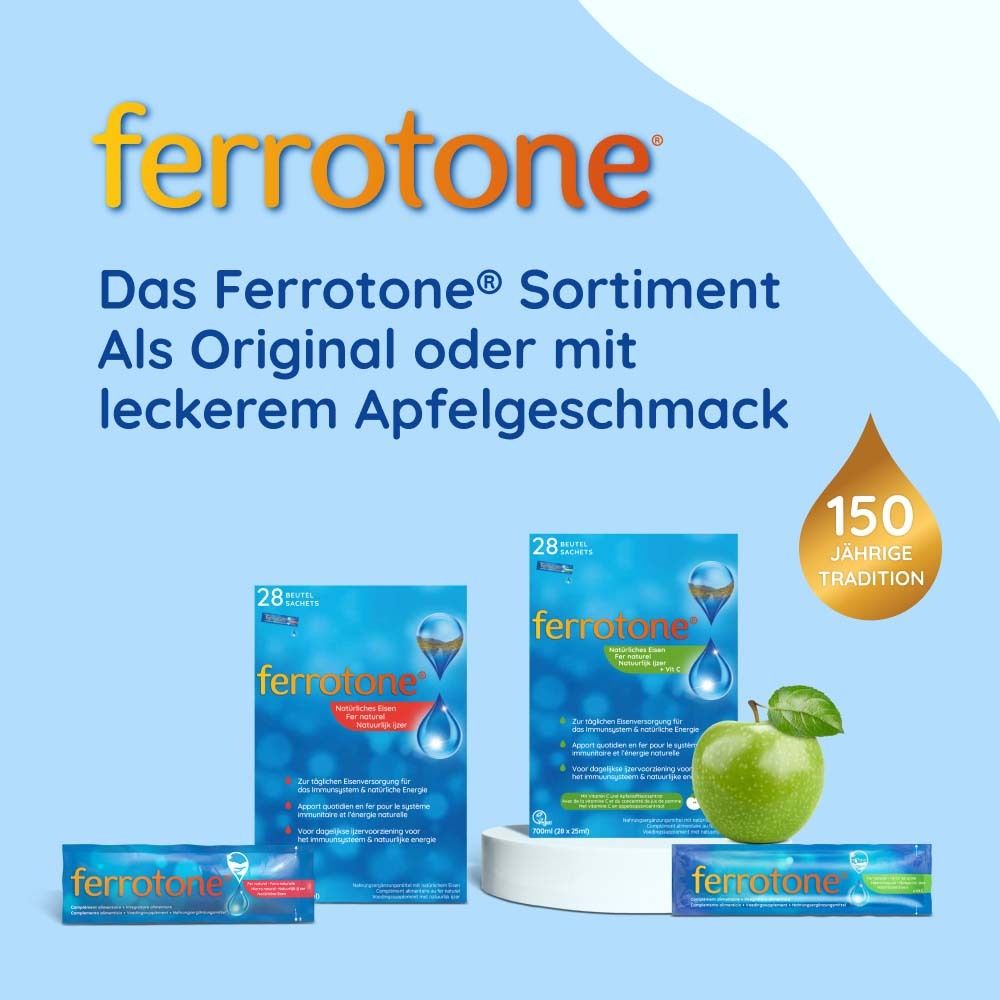 Produktreihe Ferrotone. Packungen mit 28 Beuteln und Beuteln. Grüner Apfel.