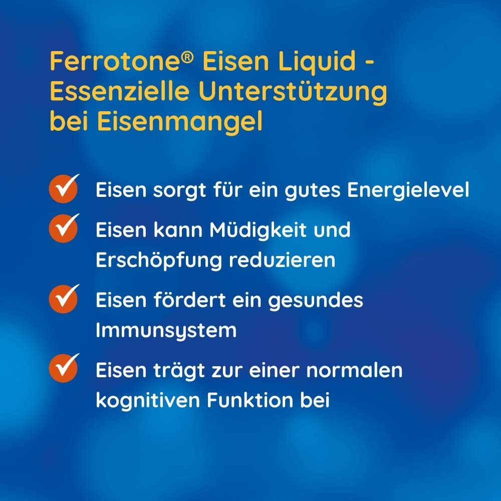 Text: Ferrotone Eisen Liquid. Vorteile bei Eisenmangel. Check-Zeichen.
