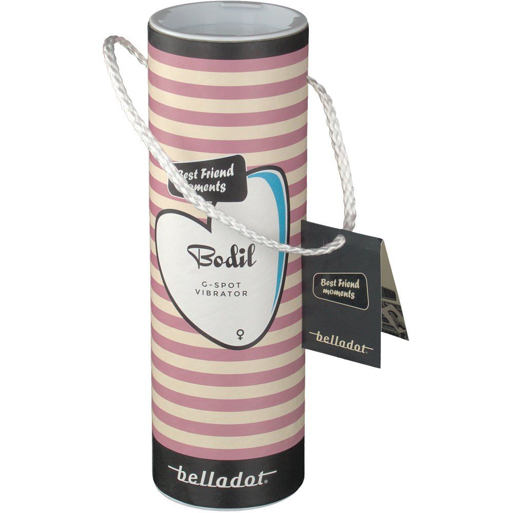 Zylindrische Verpackung mit rosa Streifen. Aufschrift "Bodil G-Spot Vibrator". Anhänger mit Logo und Text. Trageschlaufe.