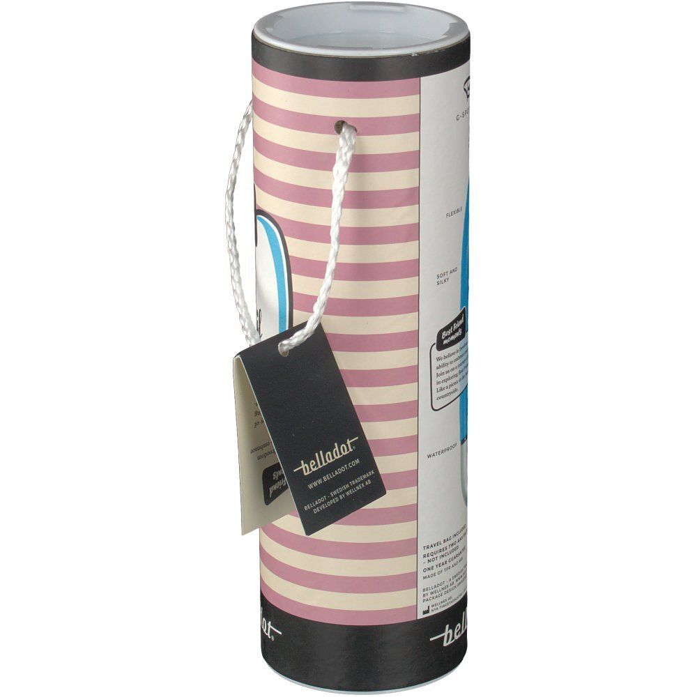 Zylindrische Verpackung, rosa Streifen. Anhänger mit Logo und Text. Trageschlaufe. Rückseite mit Text und Logo.