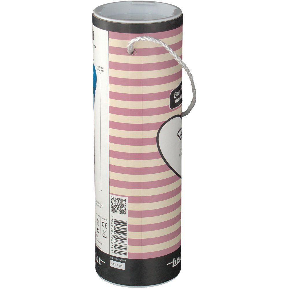 Zylindrische Verpackung, rosa Streifen. Anhänger mit Logo und Text. Trageschlaufe. Rückseite mit Text und Logo.