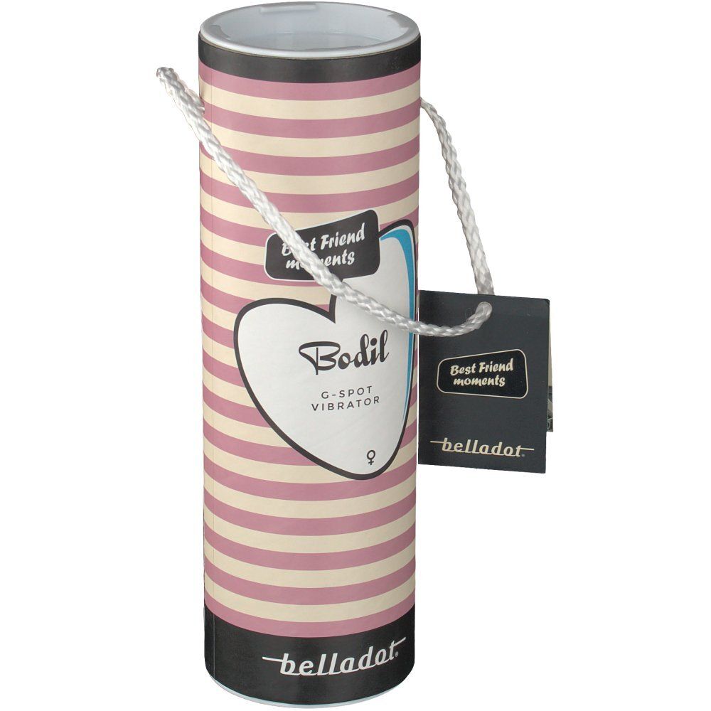 Zylindrische Verpackung mit rosa Streifen. Aufschrift "Bodil G-Spot Vibrator". Anhänger mit Logo und Text. Trageschlaufe.