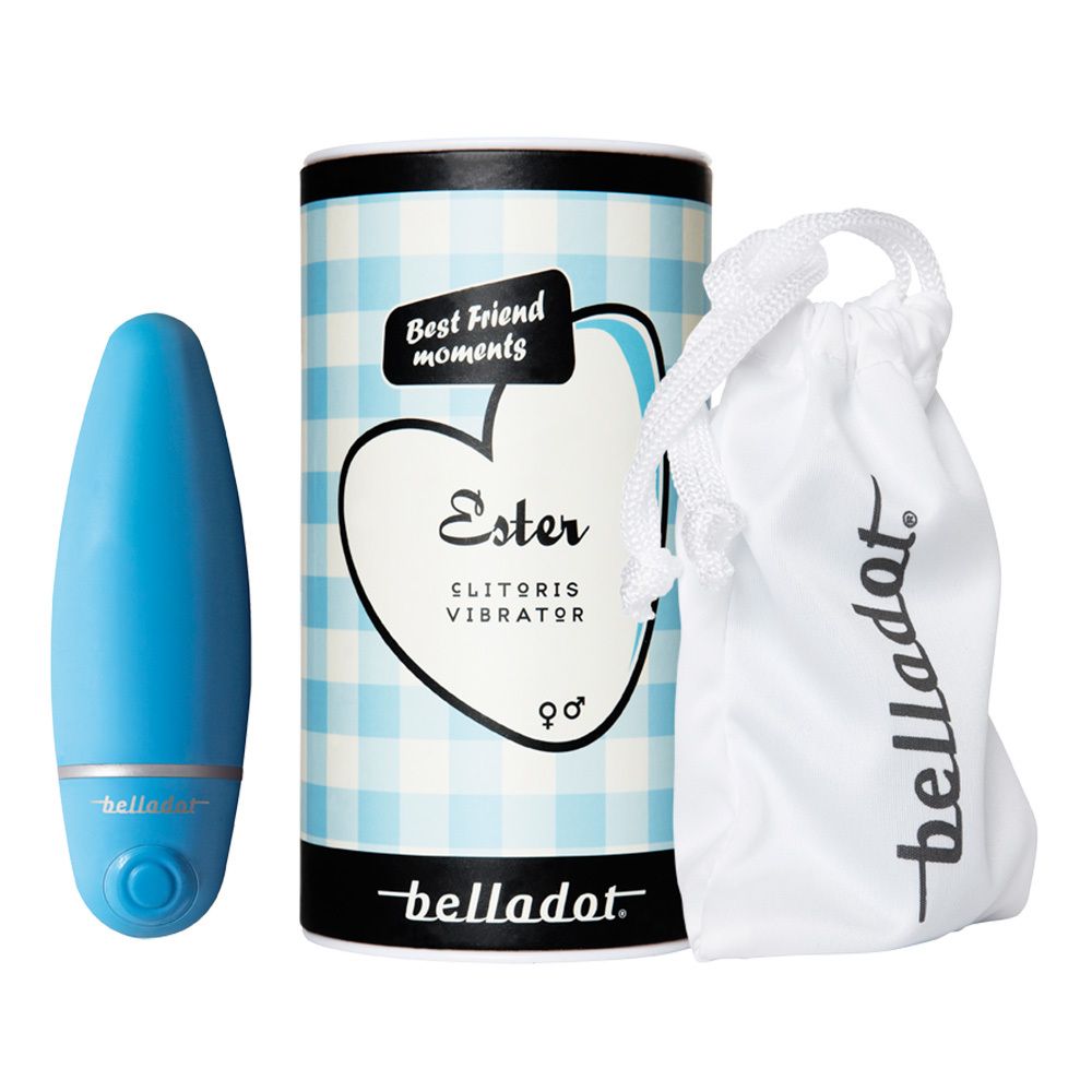 Blauer Vibrator, zylindrische Verpackung und Beutel. Auf der Verpackung steht "Ester Clitoris Vibrator" und "belladot".