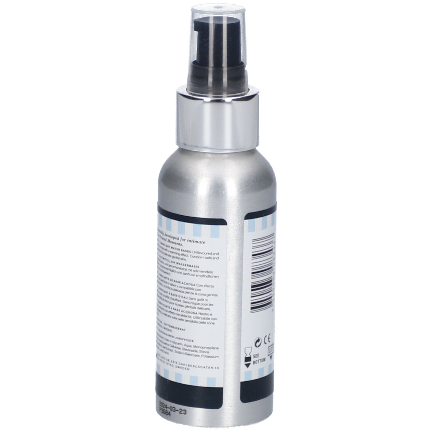 Seitenansicht der silbernen Flasche mit Produktinformationen und Barcode. Marke belladot.