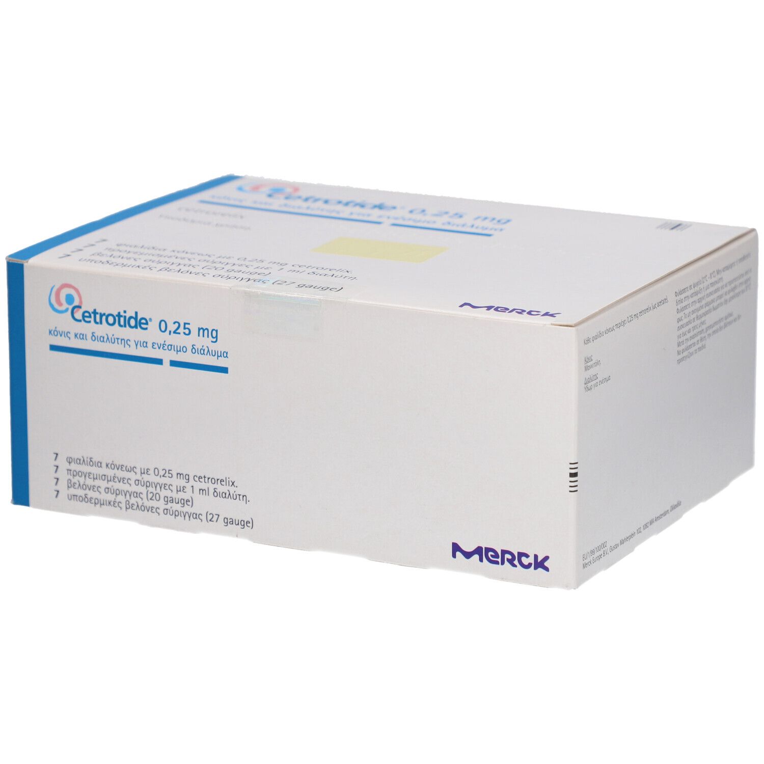 Weiße Kartonverpackung mit blauer und türkiser Schrift. Aufschrift: Cetrotide 0,25 mg. Merck-Logo.