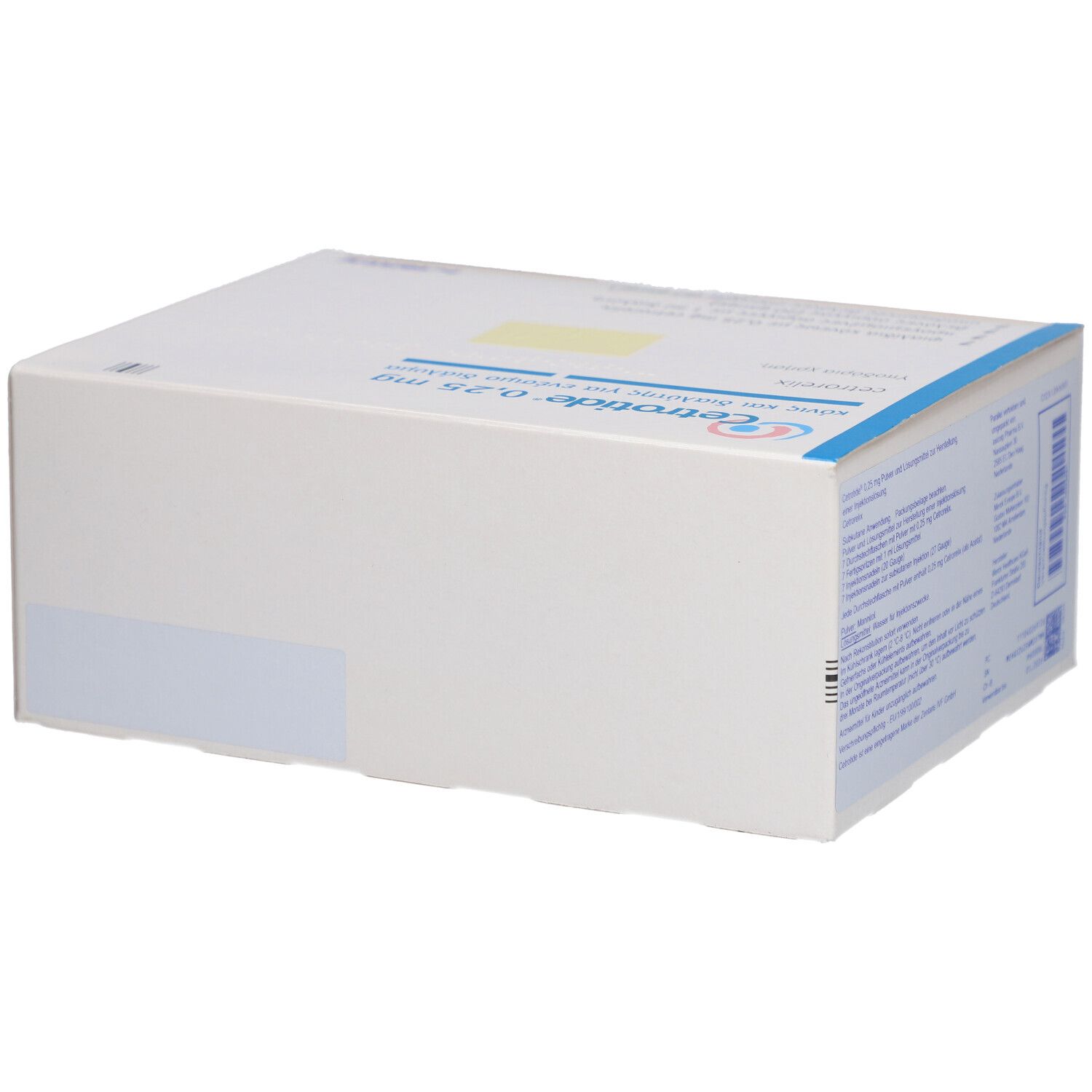Weiße Kartonverpackung mit blauer Schrift. Aufschrift: Cetrotide 0,25 mg. Merck-Logo. Seitenansicht.