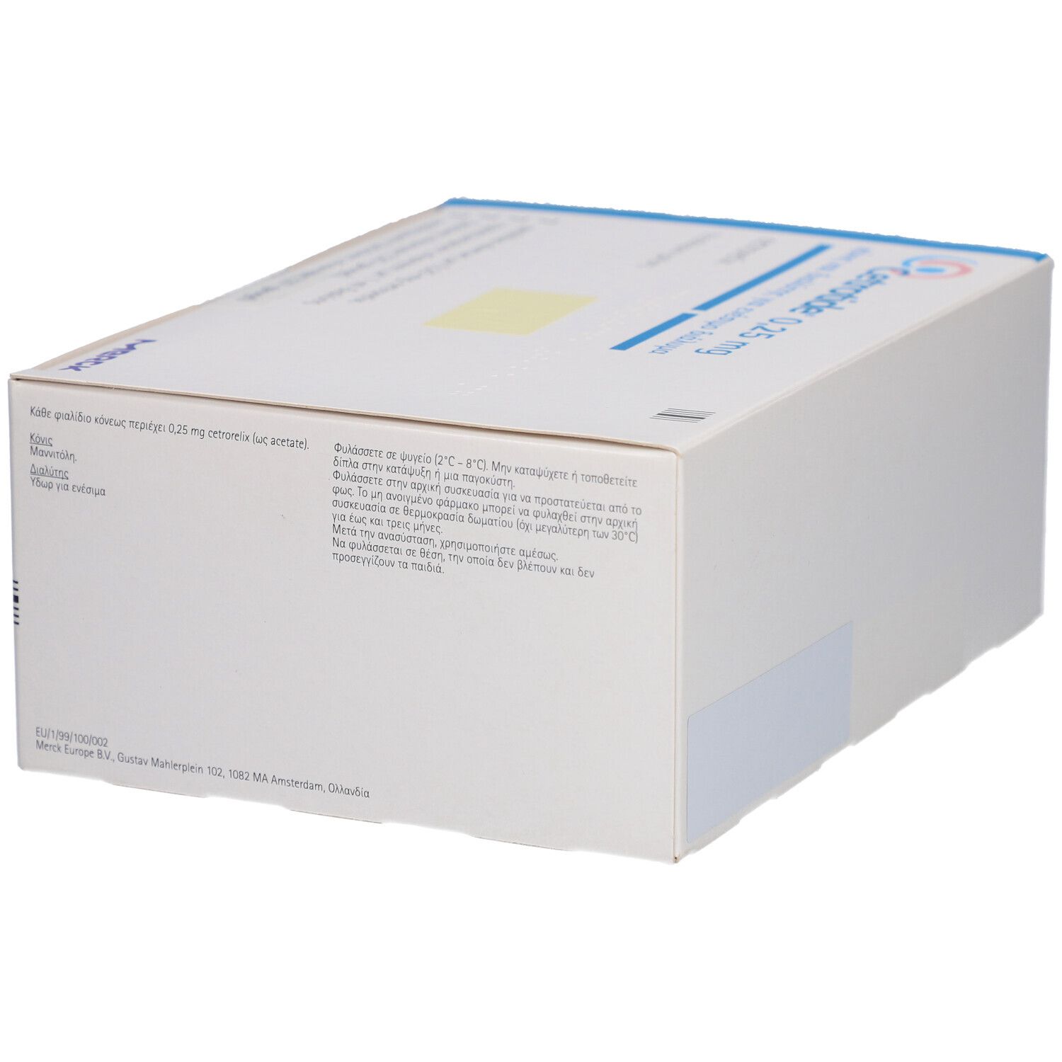 Weiße Kartonverpackung mit blauer Schrift. Aufschrift: Cetrotide 0,25 mg. Merck-Logo. Seitenansicht.