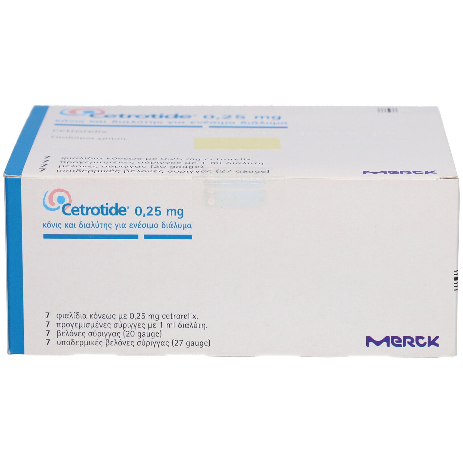 Weiße Kartonverpackung mit blauer und türkiser Schrift. Aufschrift: Cetrotide 0,25 mg. Merck-Logo. Enthält 7 Injektionsspritzen.