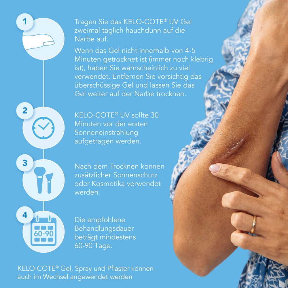 Anleitung zur Anwendung von KELO-cote® UV Gel. Schritte: Auftragen, 30 Minuten warten, Sonnenschutz, 60-90 Tage Behandlung.