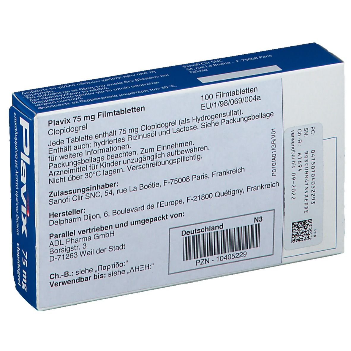 Rückseite der "Plavix 75 mg"-Schachtel. Enthält Informationen zu Inhaltsstoffen, Dosierung und Hersteller.
