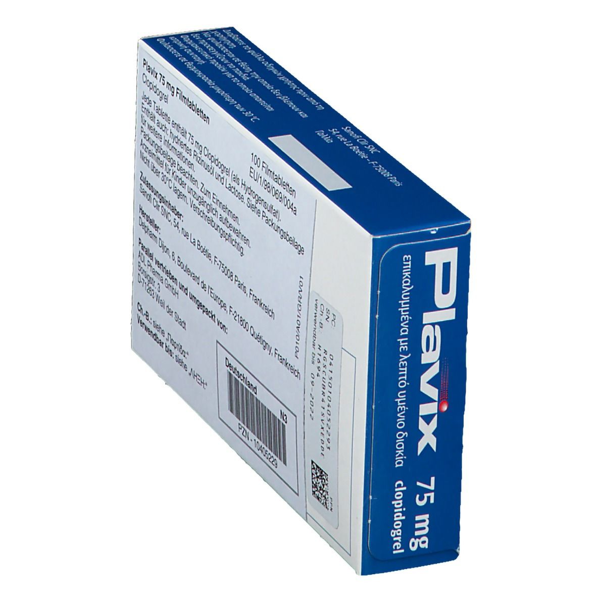 Schachtel "Plavix 75 mg" mit Informationen. Enthält 100 Filmtabletten. Aufdruck: clopidogrel.