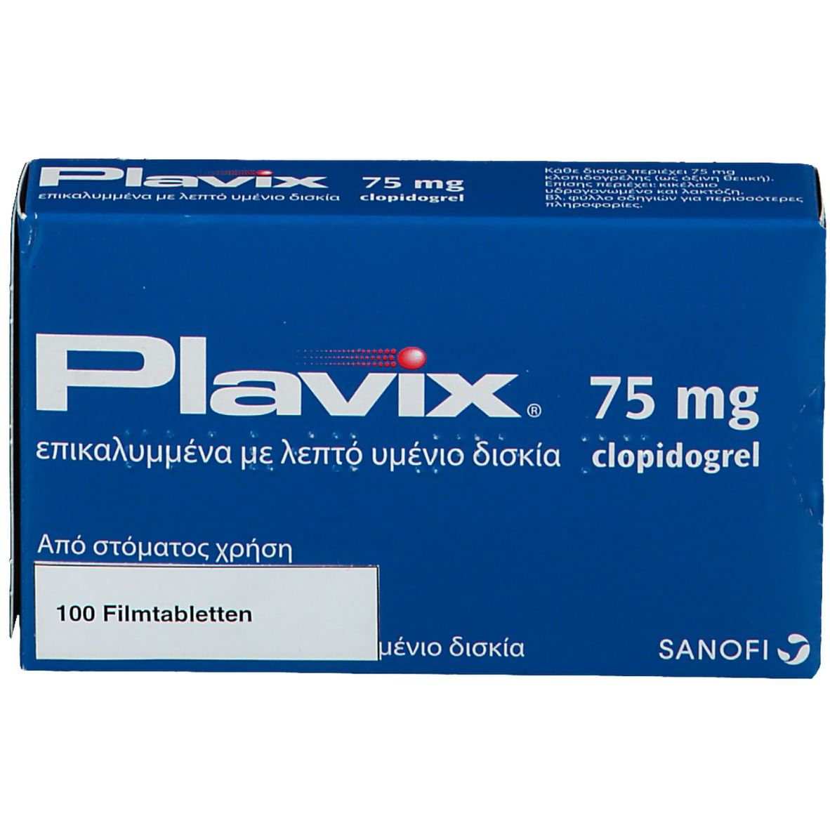 Blau-weiße "Plavix 75 mg"-Schachtel. Enthält 100 Filmtabletten. Aufdruck: clopidogrel.