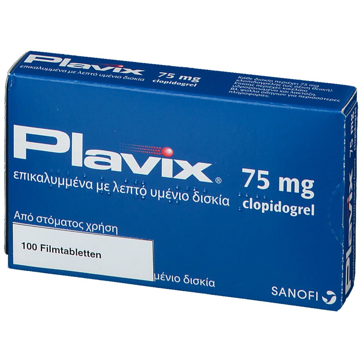 Blau-weiße "Plavix 75 mg"-Schachtel. Enthält 100 Filmtabletten. Sanofi-Logo.