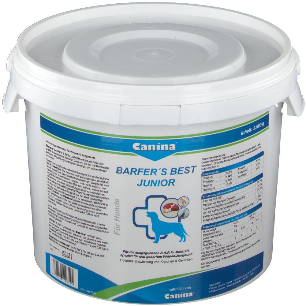 Weißer Eimer mit Deckel. Aufschrift: Canina Barfer's Best Junior. Blaue und grüne Etiketten mit Produktinformationen und Logo.