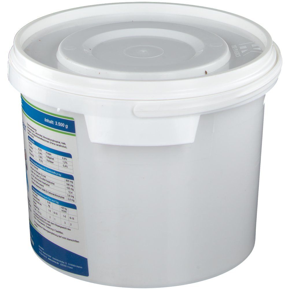 Weißer Eimer mit Deckel. Auf der Seite Etikett mit Produktinformationen. Inhalt: 2.500 g.