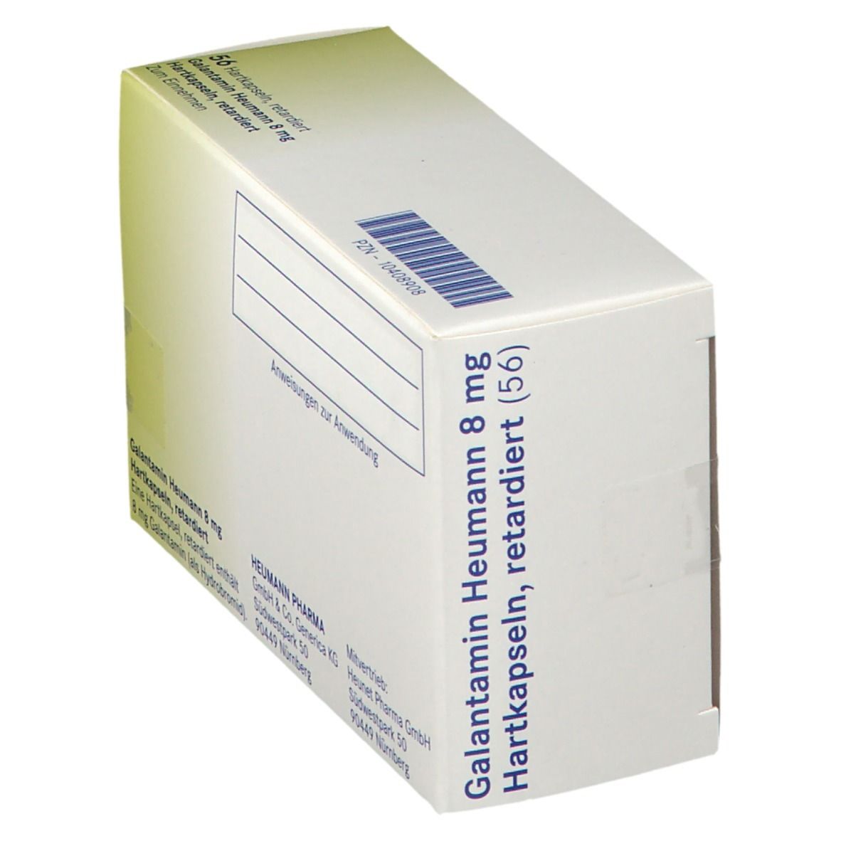 Schachtel mit Galantamin Heumann 8 mg Hartkapseln. 56 Stück. Heumann Logo. Grün-weiße Verpackung.