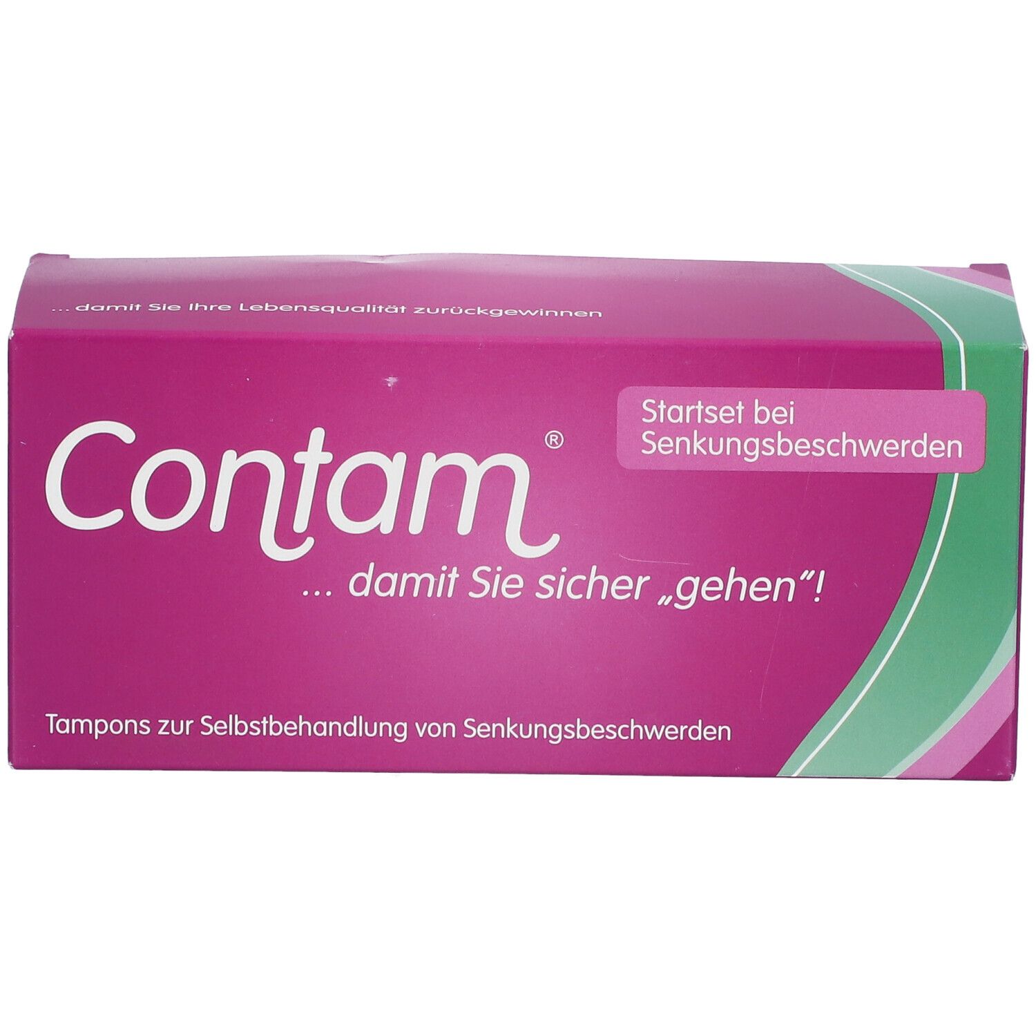 Contam Tampons Verpackung. Pinke Schachtel mit weißer Schrift. Startset bei Senkungsbeschwerden.